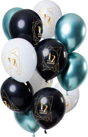 ballonnen Jubileum 12,5 jaar 30 cm wit/zwart/groen 12 stuks