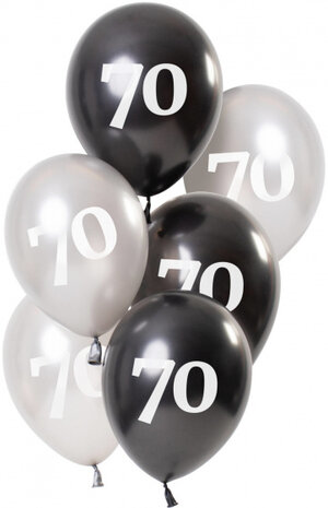 ballonnen Glossy 70 jaar 23 cm latex zwart/zilver 6 stuks