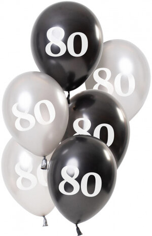 ballonnen Glossy 80 jaar 23 cm latex zwart/zilver 6 stuks
