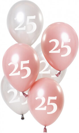 ballonnen Glossy 25 jaar 23 cm latex roze/zilver 6 stuks