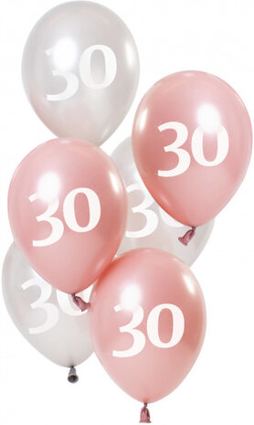 ballonnen Glossy 30 jaar 23 cm latex roze/zilver 6 stuks