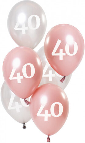 ballonnen Glossy 40 jaar 23 cm latex roze/zilver 6 stuks