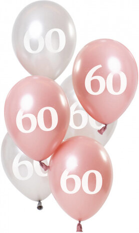 ballonnen Glossy 60 jaar 23 cm latex roze/zilver 6 stuks