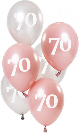 ballonnen Glossy 70 jaar 23 cm latex roze/zilver 6 stuks