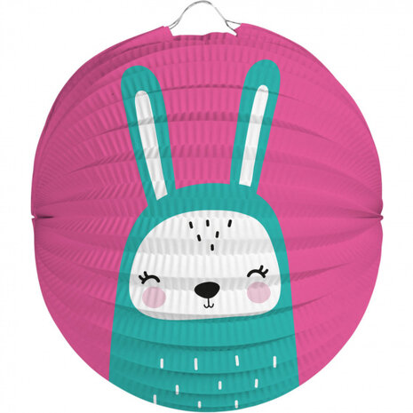 lampion Konijn junior 22 cm papier roze/groen