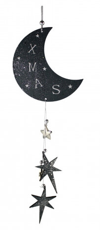 kersthanger maan xmas 51 cm hout donkerblauw/zilver