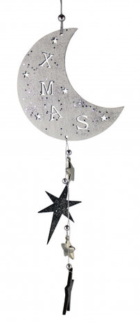 kersthanger maan xmas 51 cm hout wit/zilver