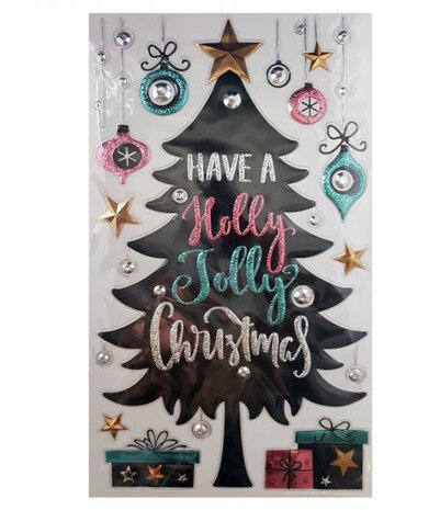 raamsticker kerstboom 47,5 x 24,5 cm foam zwart/blauw/roze