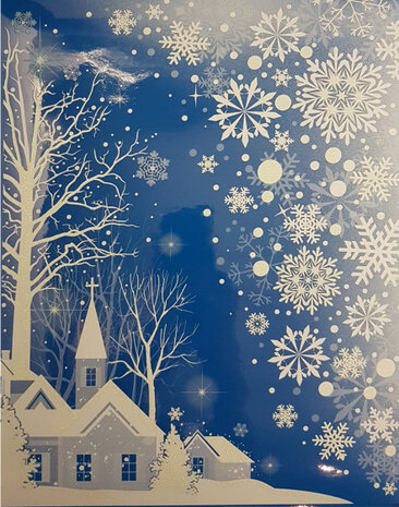 raamsticker Winterlandschap kerk 41 x 29 cm wit