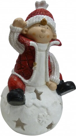 kerstfiguur Sneeuwbal Man 8 x 53 cm keramiek rood/wit