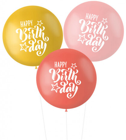 ballonnen Happy Birthday! 80 cm latex roze/rood 3 stuks