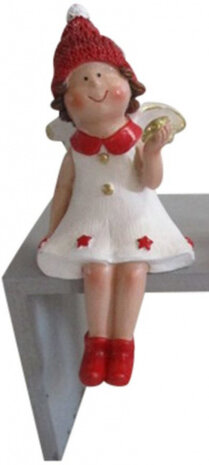 kerstfiguur engel 8 x 7 x 16 cm keramiek wit/rood