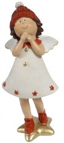 kerstfiguur engel 10 x 24 cm keramiek wit/rood