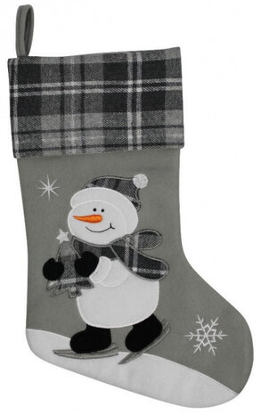 kerstsok sneeuwpop 26 x 45 cm fluweel grijs/wit