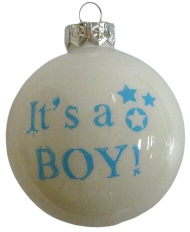 kerstbal It&#039;s a boy 8 cm glas wit/blauw