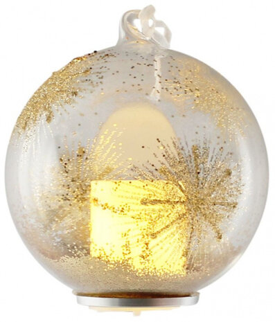 kerstbal verlicht met kaars led 10 cm glas goud/wit