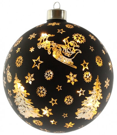 kerstbal verlicht led 12 cm glas zwart/goud
