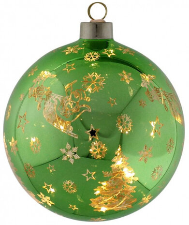 kerstbal verlicht led 12 cm glas groen/goud