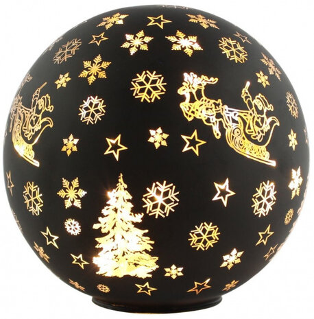 kerstbal verlicht led 15 cm glas zwart/goud