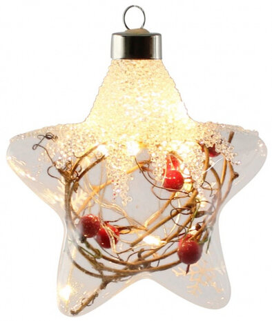 kerstbal ster verlicht led 15 cm glas wit/rood