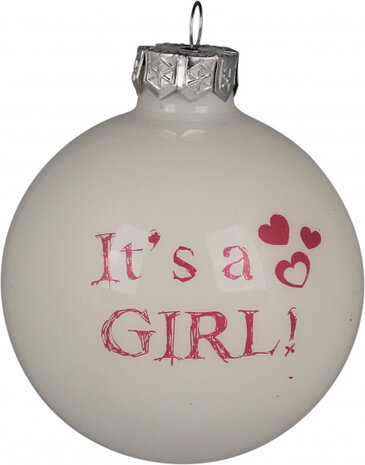 kerstbal It&#039;s a girl 8 cm glas wit/roze