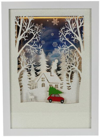 kerstschilderij led 30 x 21,5 cm hout/vilt wit/blauw