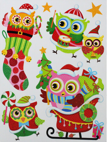 raamstickers Uilen slee 41 x 29 cm groen/roze 4-delig