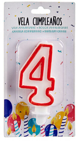 verjaardagskaars cijfer 4 wax 7,5 cm rood/wit