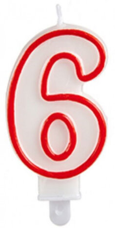 verjaardagskaars cijfer 6 wax 7,5 cm rood/wit