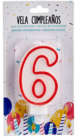 verjaardagskaars cijfer 6 wax 7,5 cm rood/wit