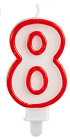 verjaardagskaars cijfer 8 wax 7,5 cm rood/wit