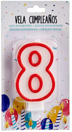 verjaardagskaars cijfer 8 wax 7,5 cm rood/wit