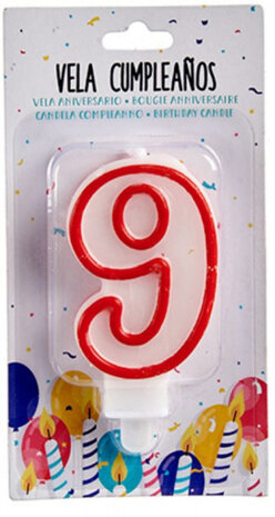 verjaardagskaars cijfer 9 wax 7,5 cm rood/wit