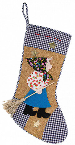 kerstsok Befana 46 cm katoen blauw/bruin