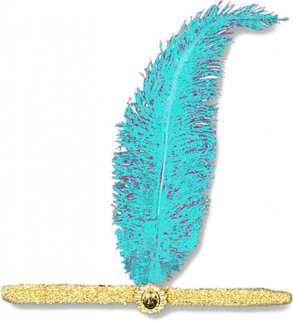hoofdband charleston 15 cm veren lichtblauw/goud