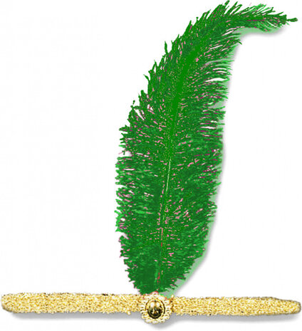 hoofdband charleston 15 cm veren groen/goud