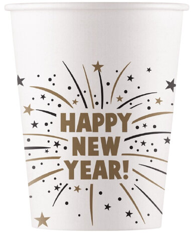 feestbekers Happy New Year 200 ml karton wit 8 stuks