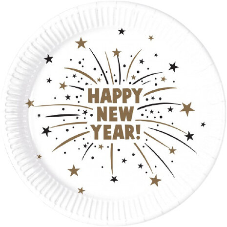 feestborden Happy New Year 23 cm karton wit 8 stuks