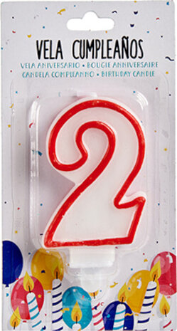 verjaardagskaars cijfer 2 wax 7,5 cm rood/wit