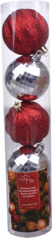 kerstballen disco 6 cm zilver/rood 5 stuks