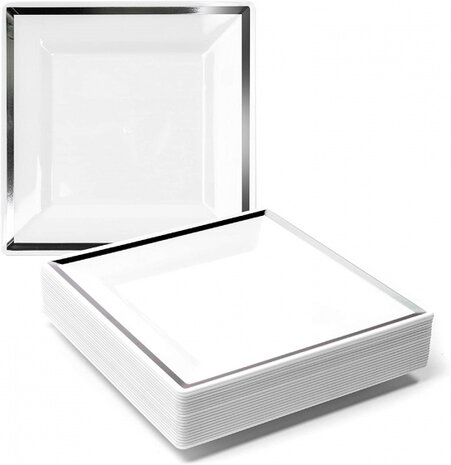feestborden herbruikbaar 16,5 x 16,5 cm wit/zilver 20 stuks