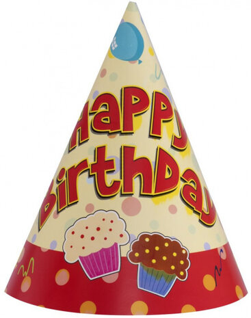 feesthoedjes Happy Birthday 20 cm geel 6 stuks