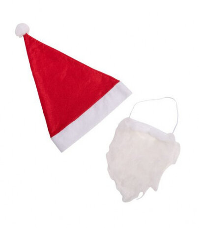 kerstmuts en baard polyester wit/rood 2-delig