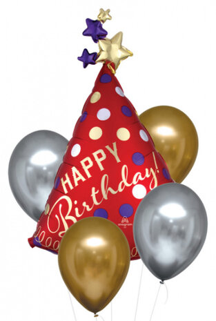 ballonnenboeket Party Hat latex goud/zilver 5-delig