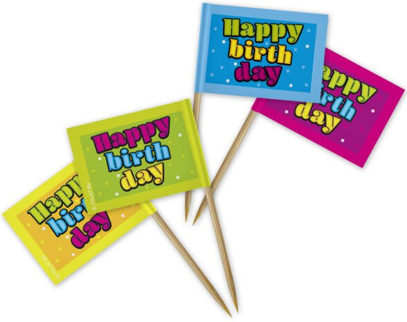 cocktailprikkers Happy Birthday 14 cm bamboe 50 stuks