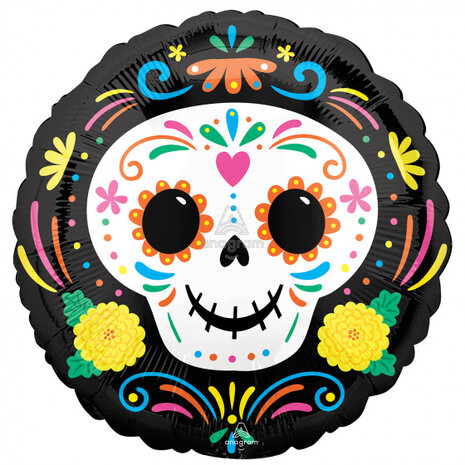 folieballon Skull rond 45 cm zwart