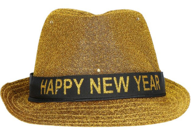 hoed Happy New Year led lurex goud one-size 2-delig