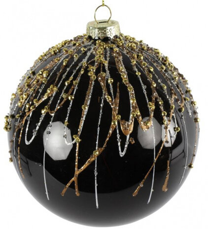 kerstbal Jonie 10 cm glas zwart/goud