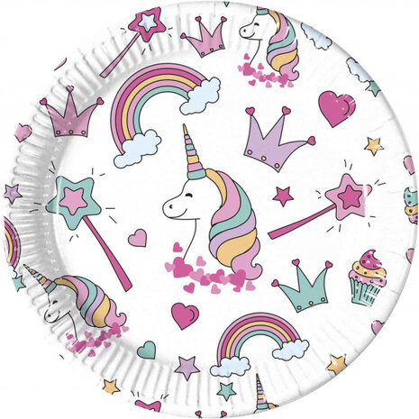 feestborden Unicorn 23 cm papier wit/roze 8 stuks