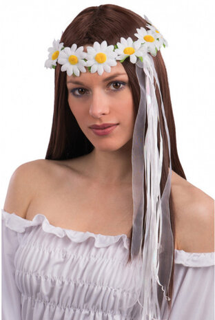 hoofdkrans Madeliefjes dames polyester wit/geel